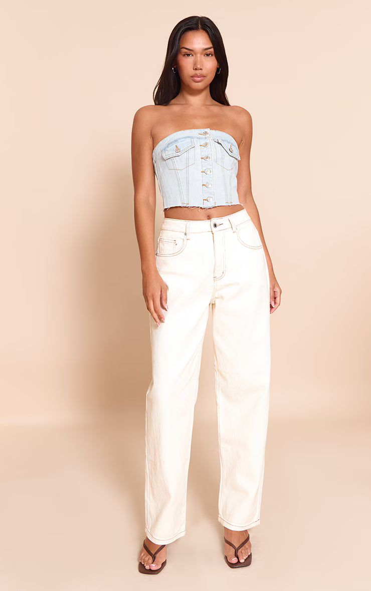 Light Blue Wash Pocket Detail Cropped Denim Corset Top