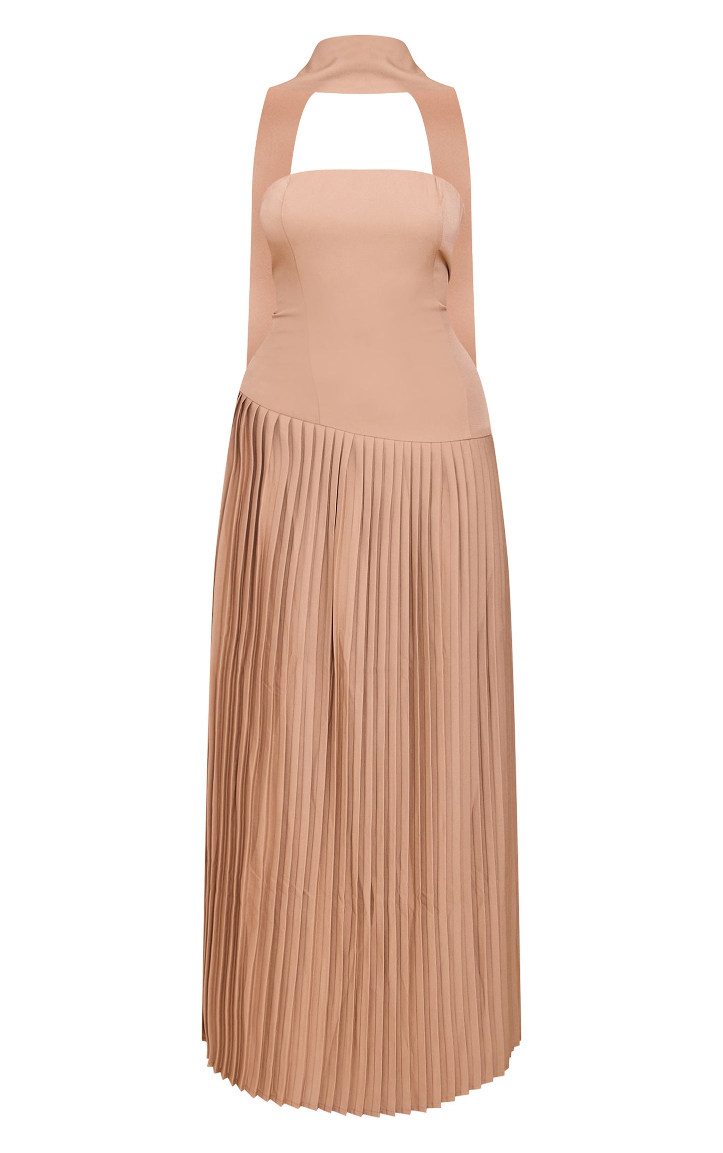 Taupe Woven Asymmetric Pleated Maxi Dress