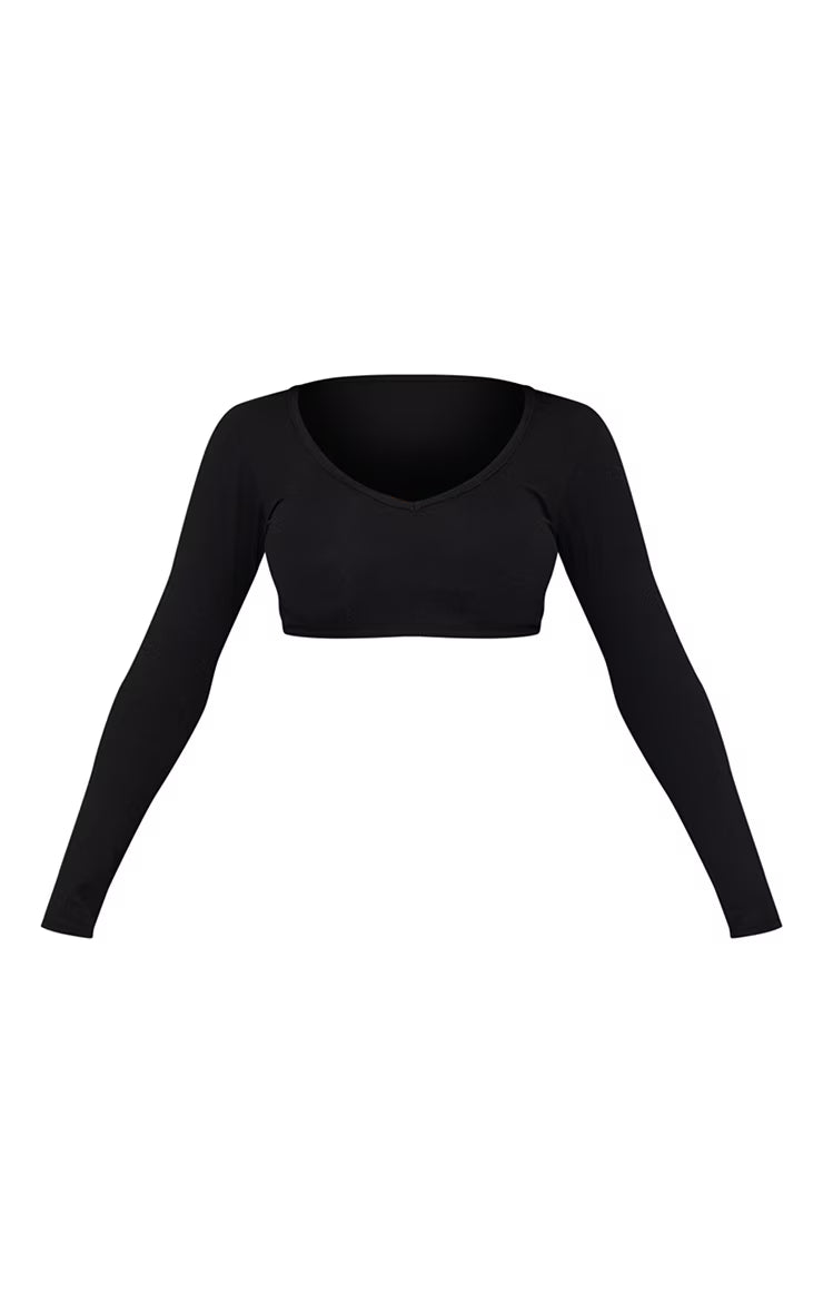 Basic Black Cotton Blend Long Sleeve Deep V Crop Top