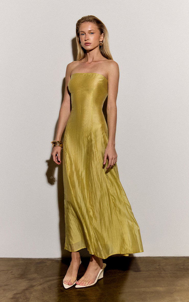 Pale Chartreuse Organza Bandeau Godet Midaxi Dress