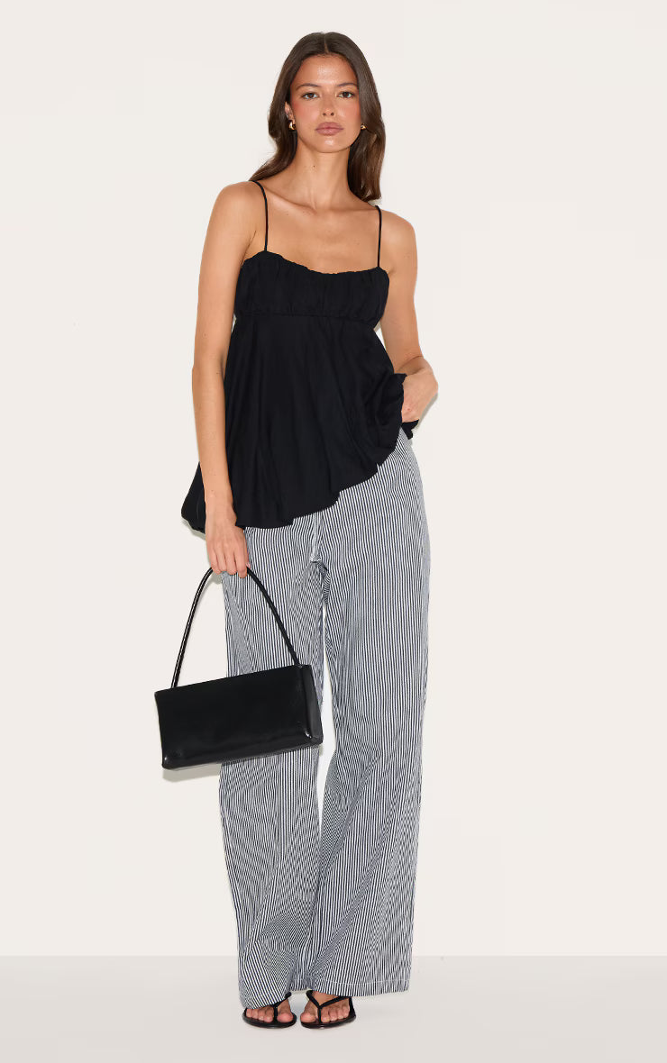 Black Linen Blend Puff Ball Asymmetric Cami