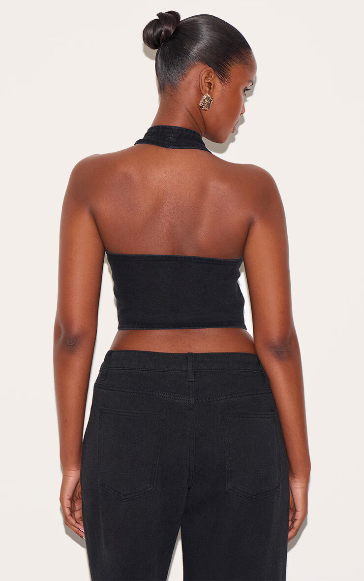 Washed Black Halter Neck Wrap Front Denim Vest