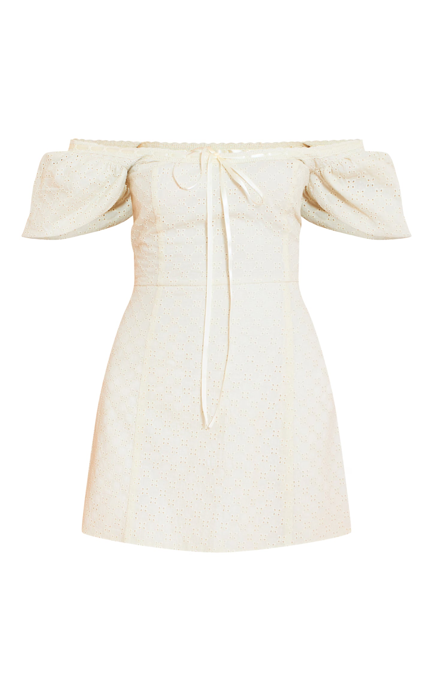 Cream Broderie Puff Sleeve A-line Mini Dress