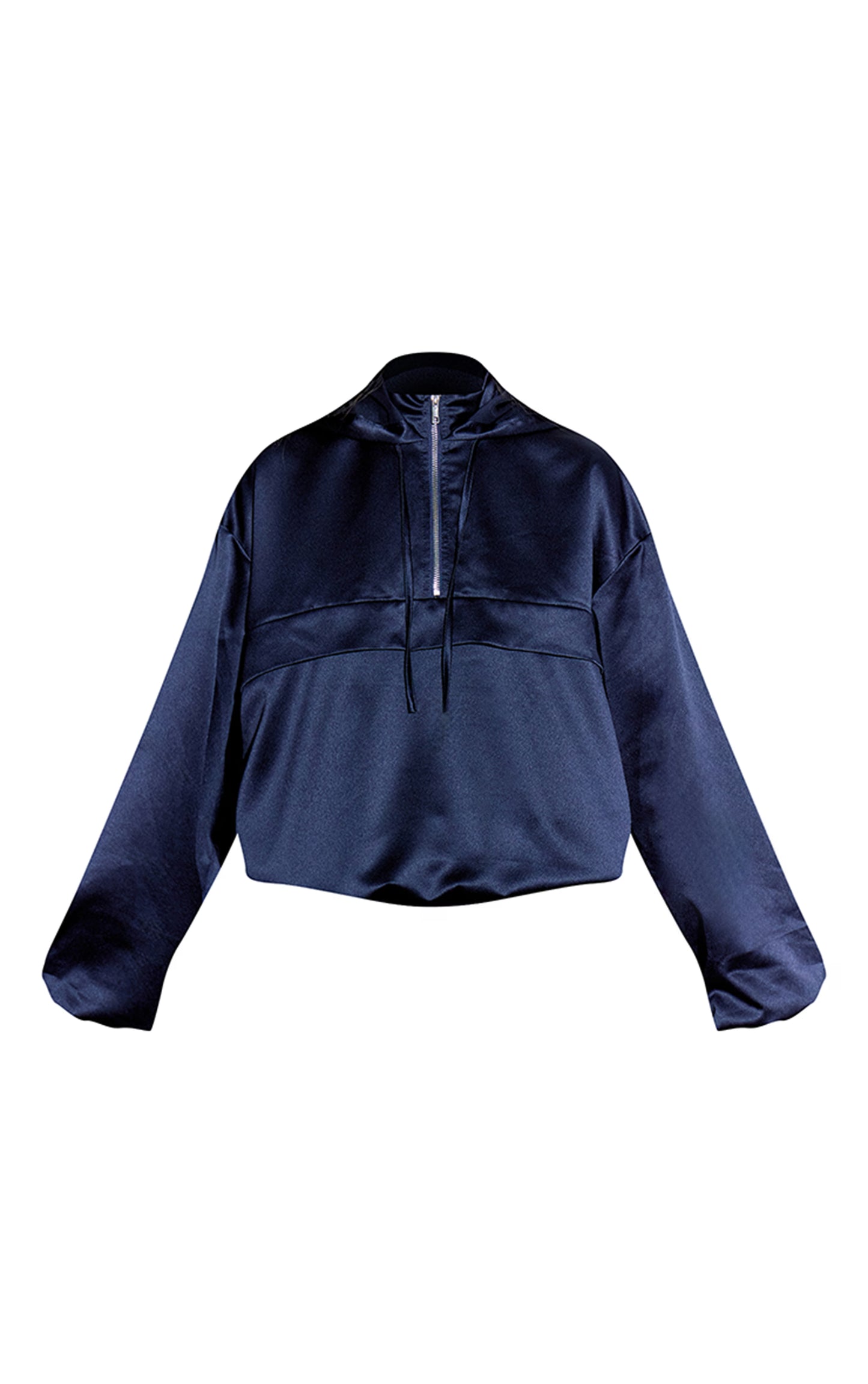 Navy Satin Zip Up Hooded Pullover Jacket
