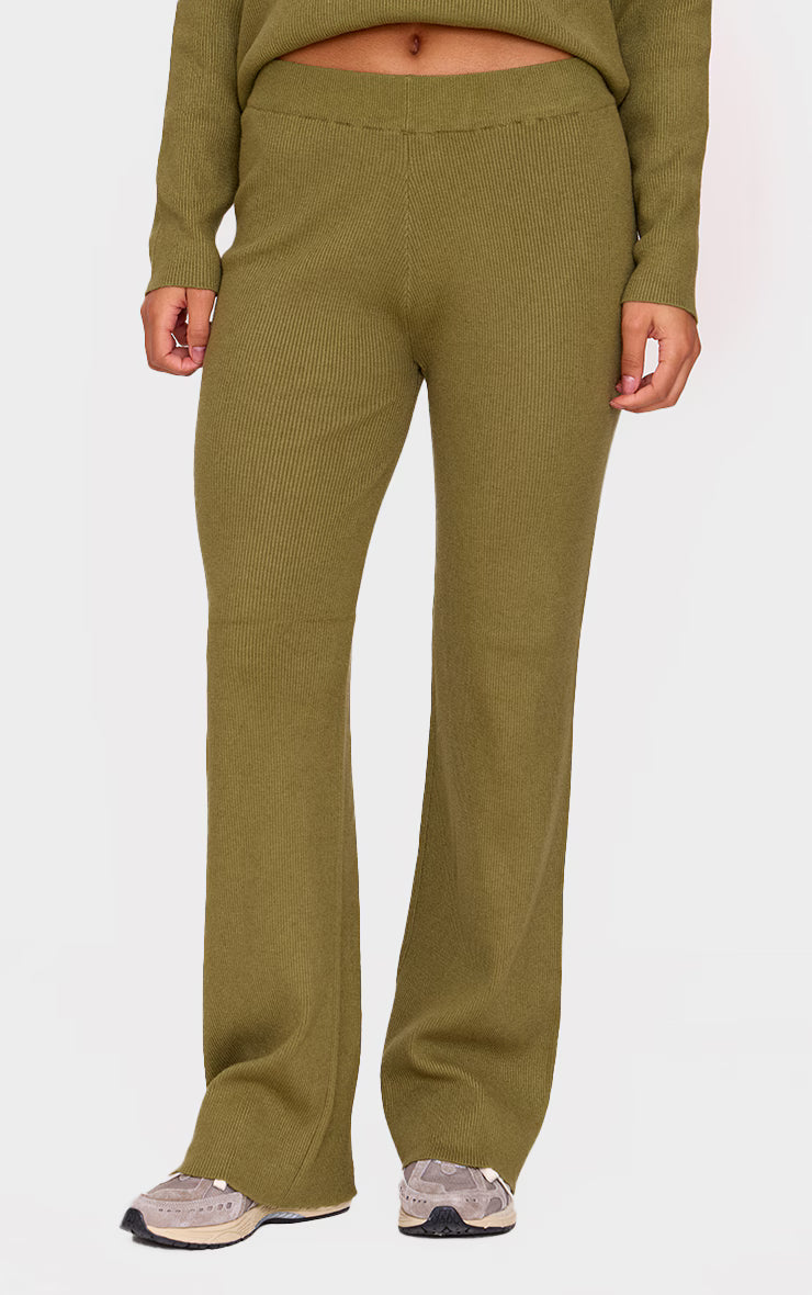 Khaki Light Rib Knit Wide Leg Pants