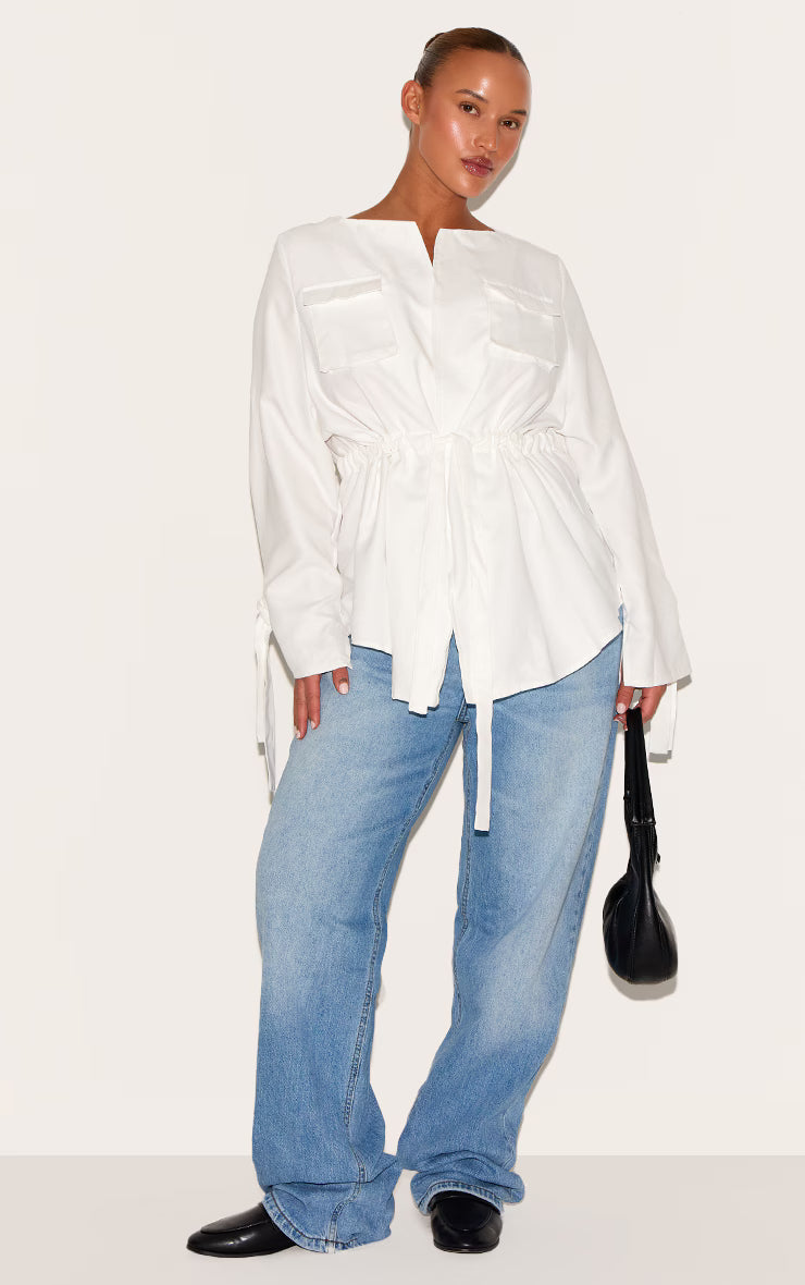 Plus White Faux Suede Cargo Ruched Waist Shirt