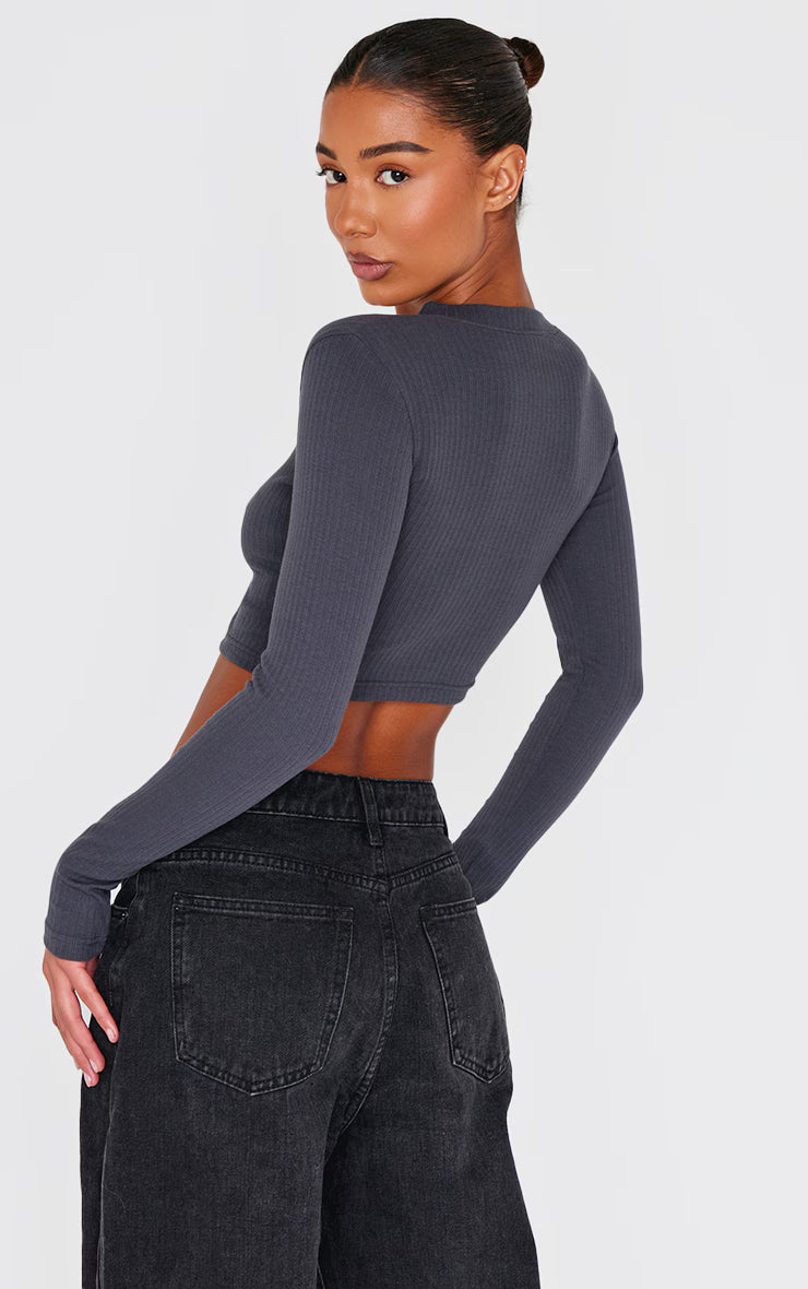Charcoal Ribbed Button Down Detail Long Sleeve Top