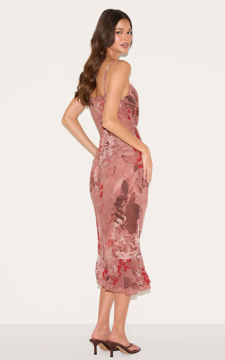 Mushroom Chiffon Floral Cowl Neck Midi Dress