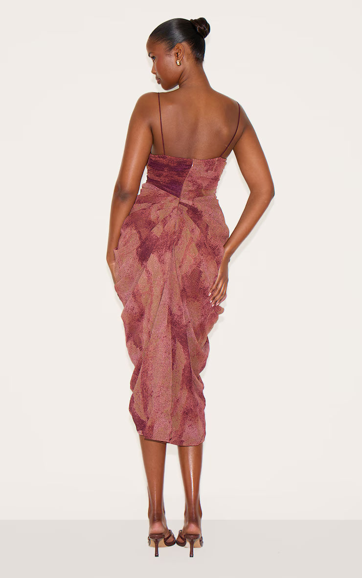 Dark Purple Abstract Print Chiffon Ruched Drape Midi Dress