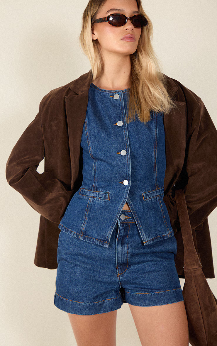 Dark Blue Round Neck Longline Denim Vest