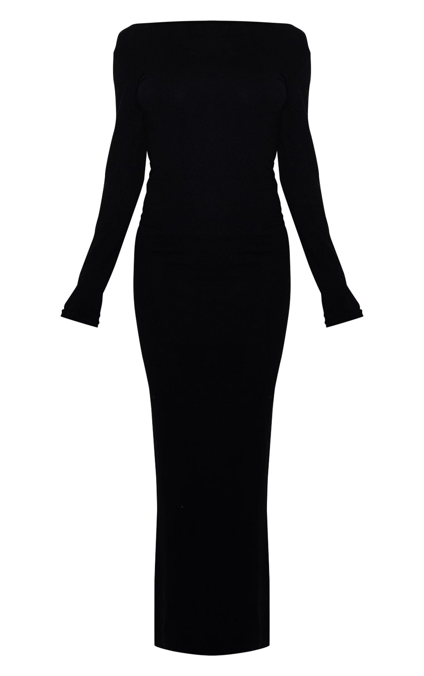 Black Basic Knit Asymmetric Neckline Long Sleeve Maxi Dress