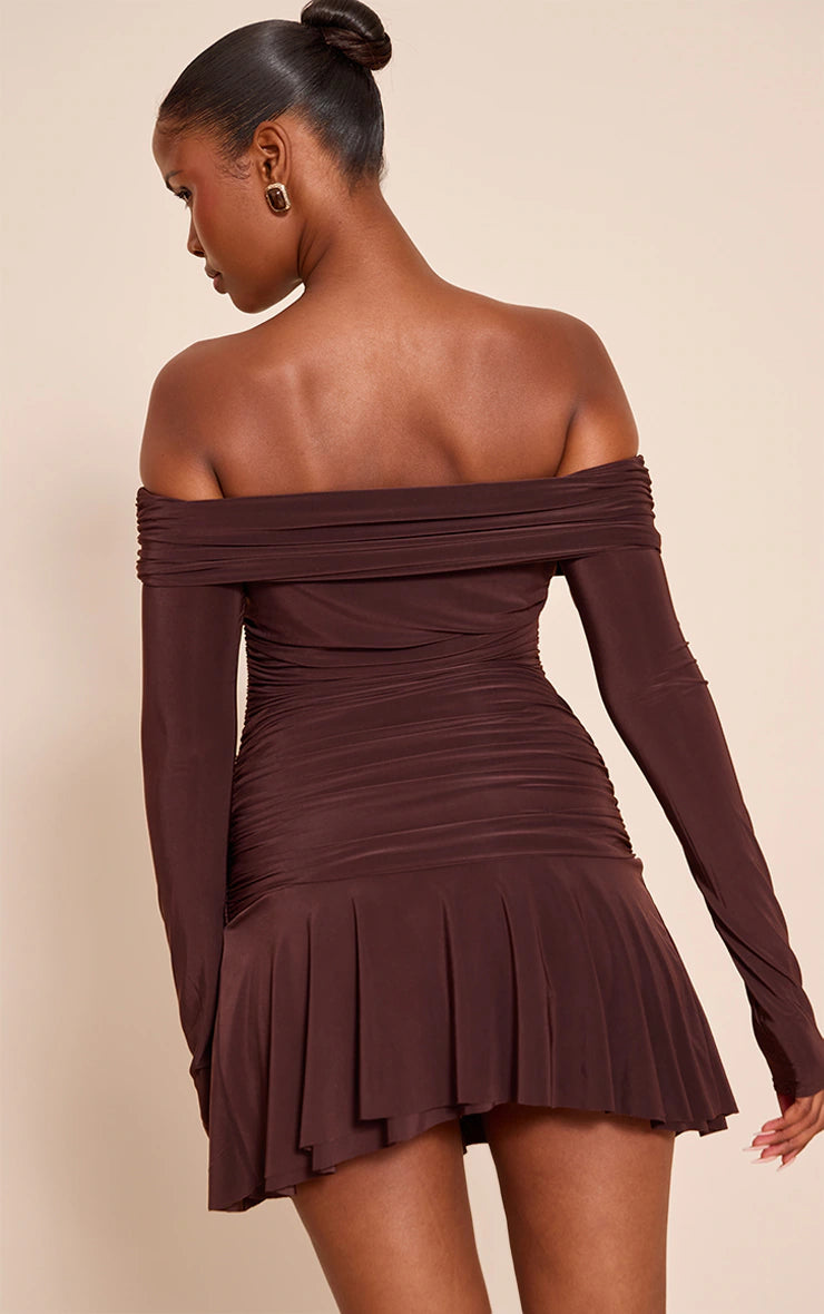 Chocolate Double Layer Slinky Long Sleeve Bardot Mini Dress
