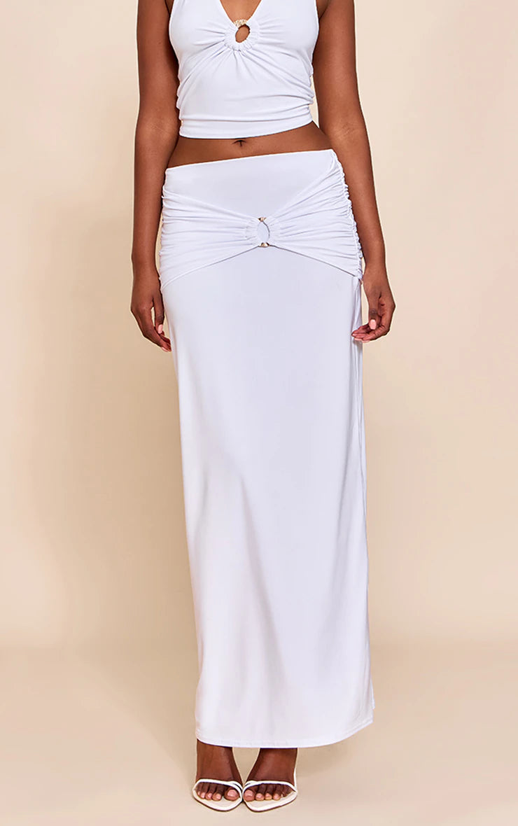 White Ruched Detail Flowy Maxi Skirt