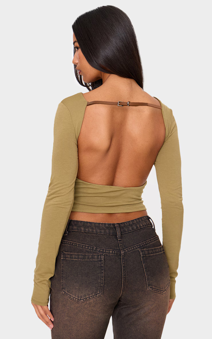 Olive Contour Jersey Buckle Detail Backless Long Sleeve Top