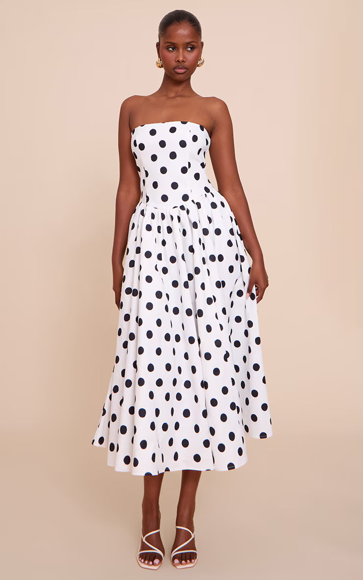Monochrome Polka Dot Woven Bandeau Ruched Skater Midaxi Dress