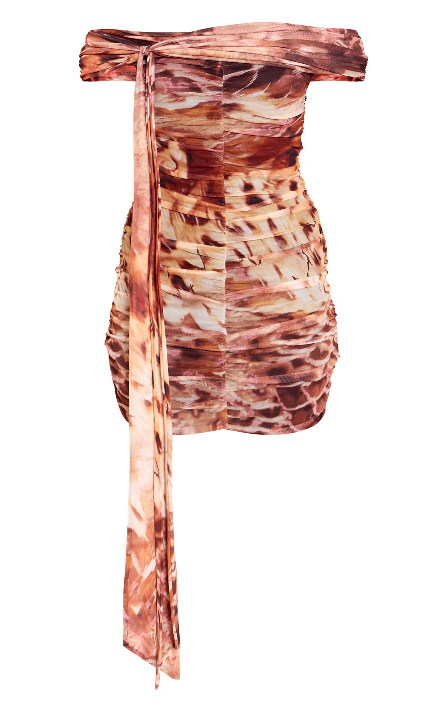 Beige Abstract Print Lined Mesh Bardot Mini Dress