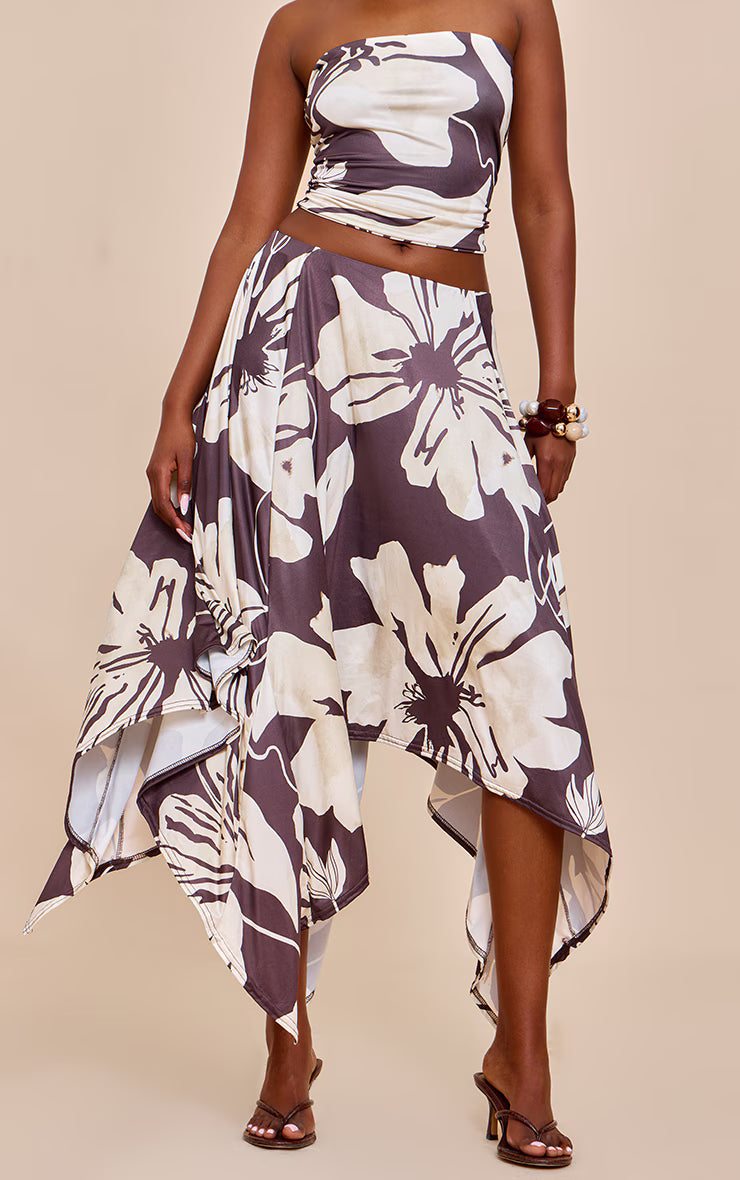 Brown Floral Print Slinky Asymmetrical Hem Maxi Skirt