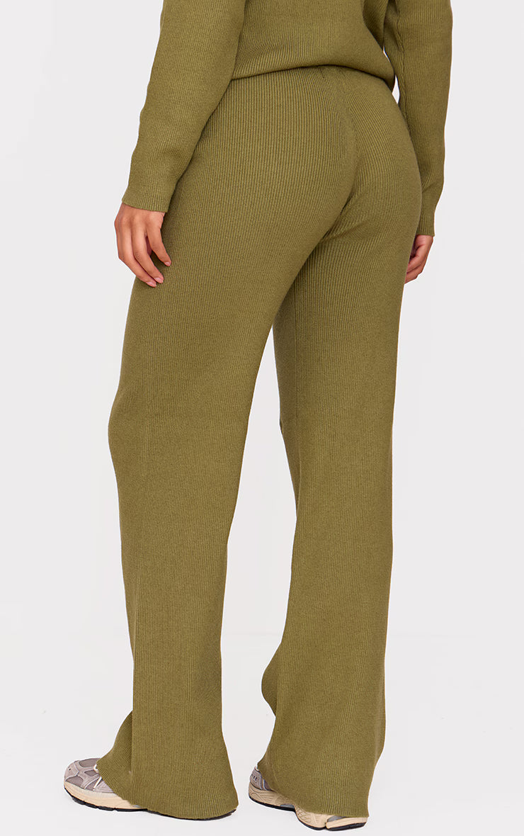 Khaki Light Rib Knit Wide Leg Pants
