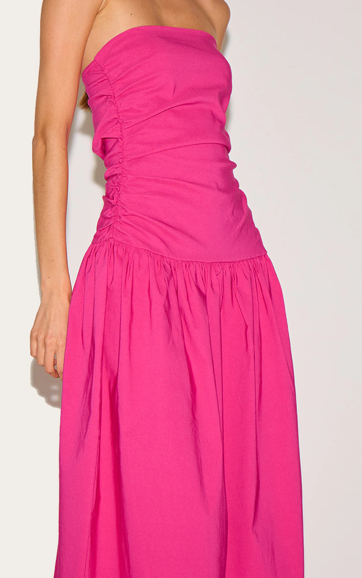 Fuchsia Stretch Woven Bandeau Ruched Maxi Dress
