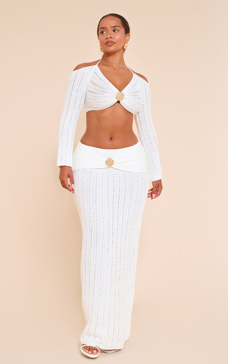 Shape White Crochet Gold Hammered Trim Halterneck Crop Top