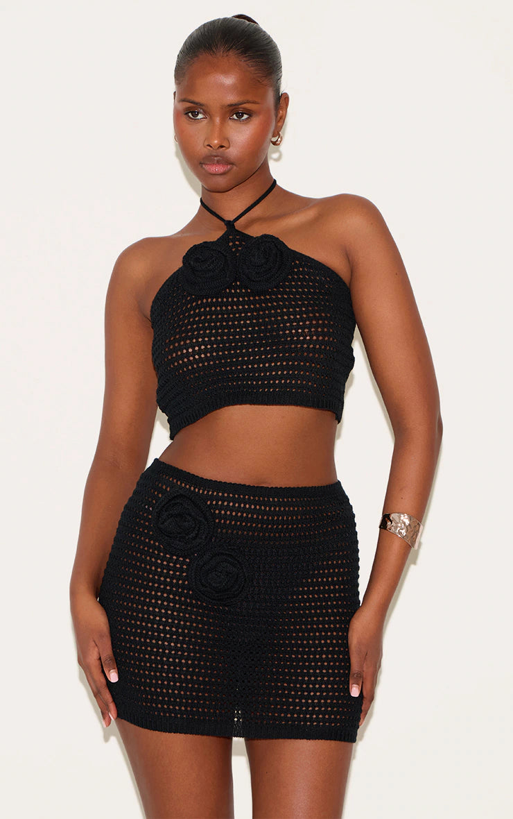 Black Flower Applique Crochet Mini Skirt