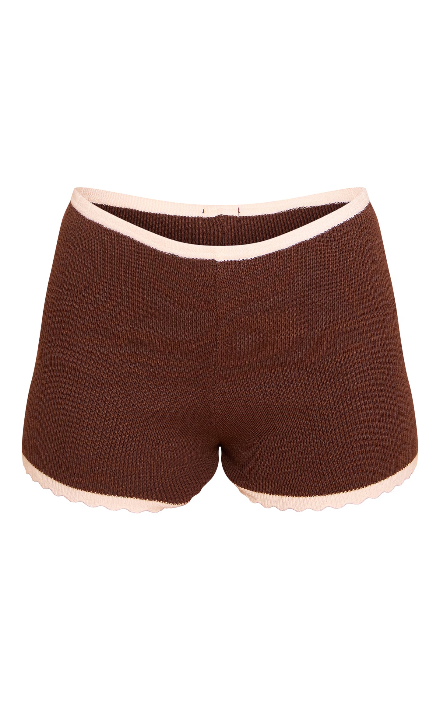 Chocolate Knitted Scallop Edge High Waisted Shorts