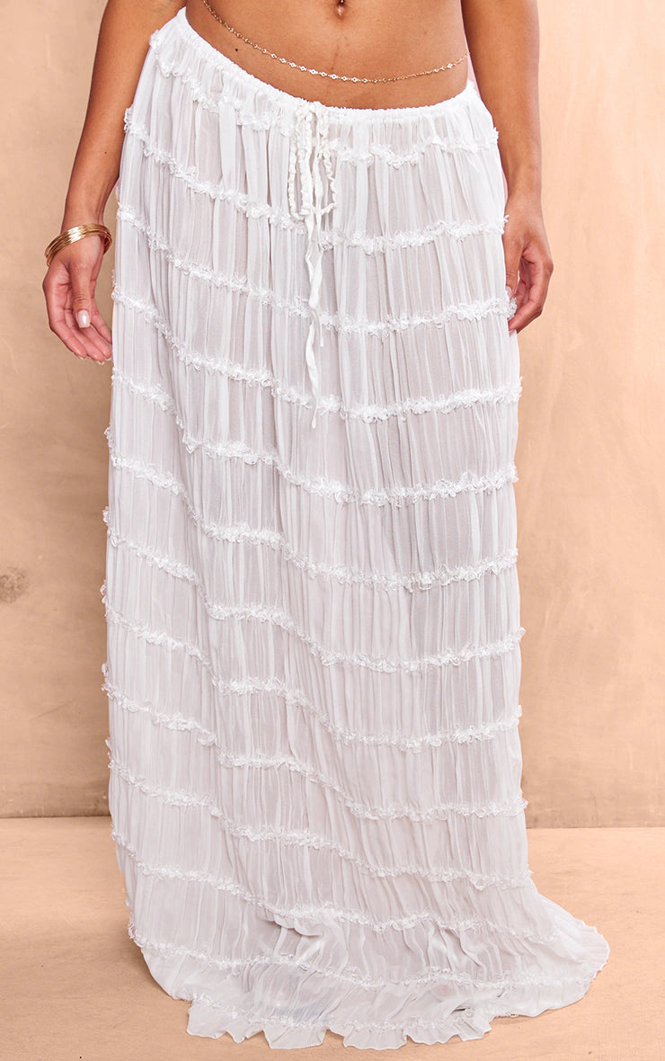 White Chiffon Ruched Frill Detail Tiered Maxi Skirt
