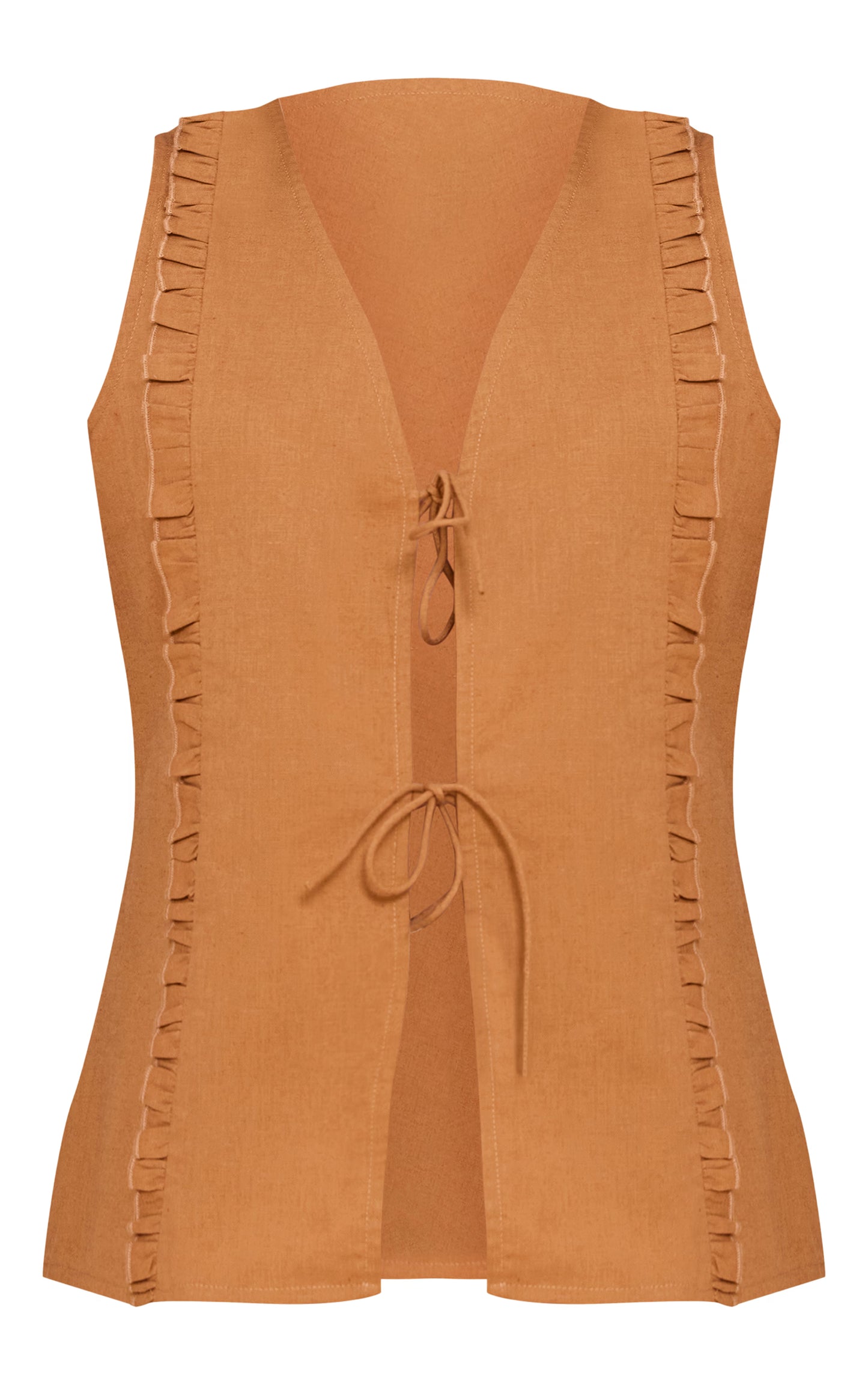 Tan Tie Front Linen Look Sleeveless Top