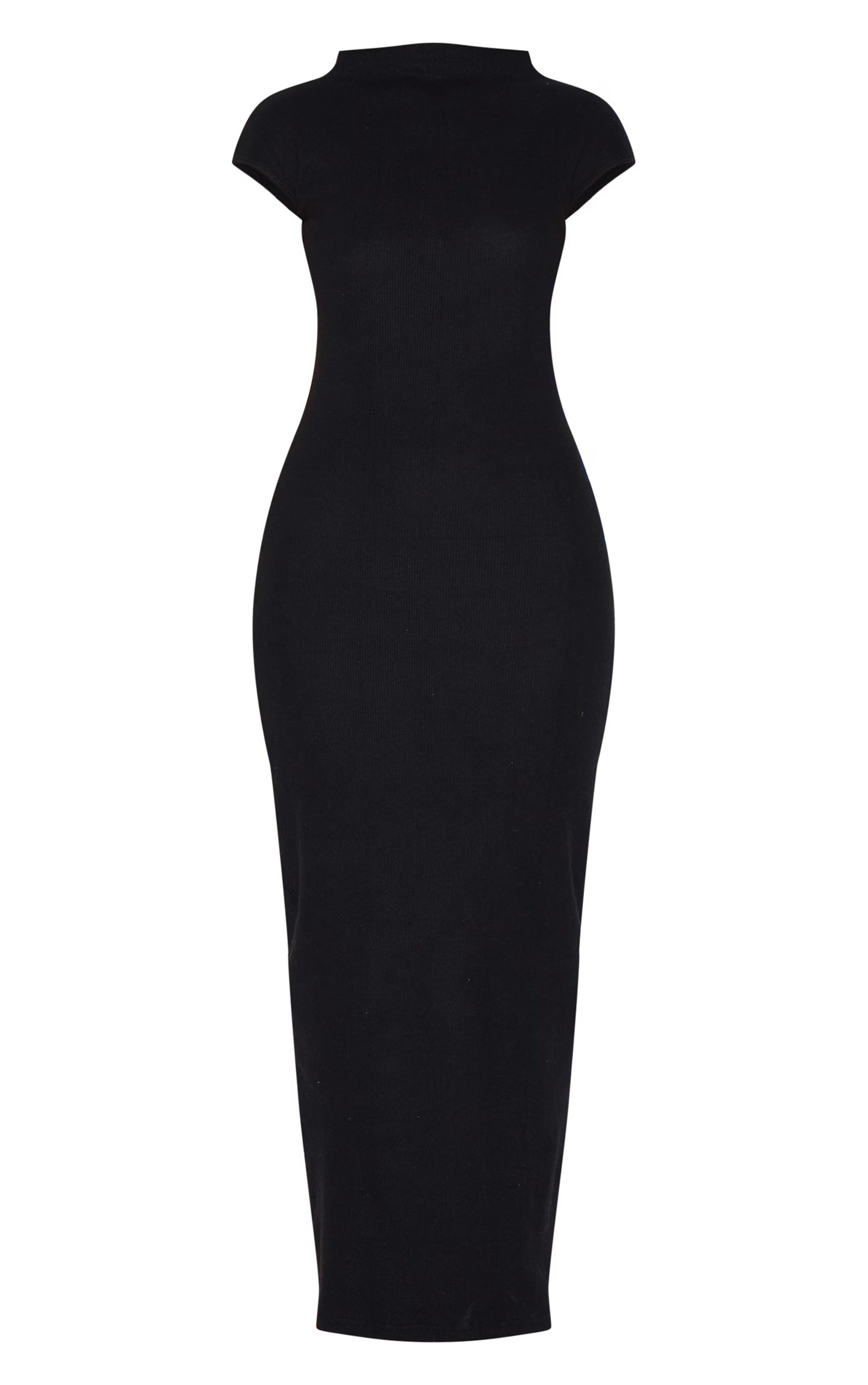 Black Heavy Brushed Rib High Neck Cap Sleeve Maxi Dress