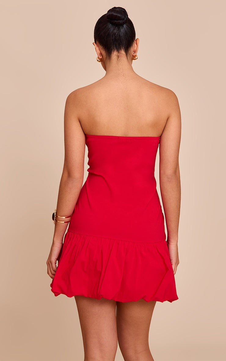 Red Stretch Woven Bandeau Puffball Dress