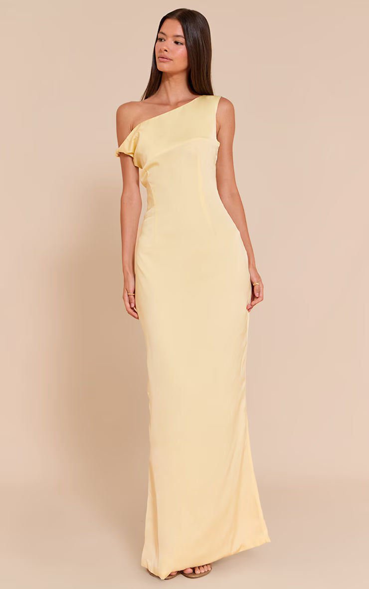 Lemon Satin Asymmetric Bardot Twist Maxi Dress