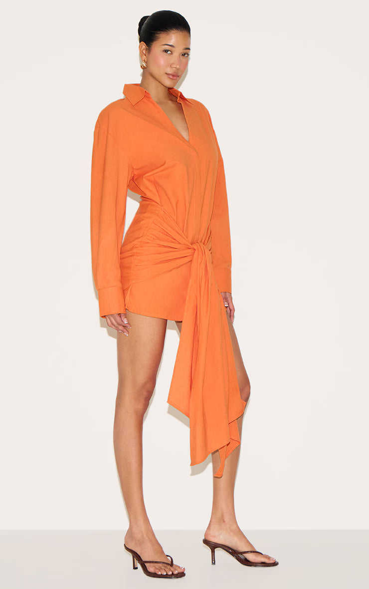 Burnt Orange Wrap Detail Shirt Dress