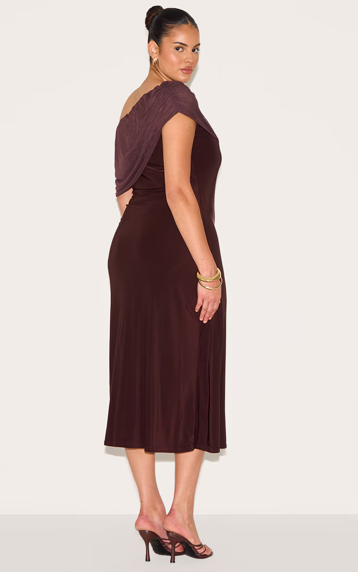 Plus Dark Chocolate Double Layer Slinky Mesh Overlay Maxi Dress