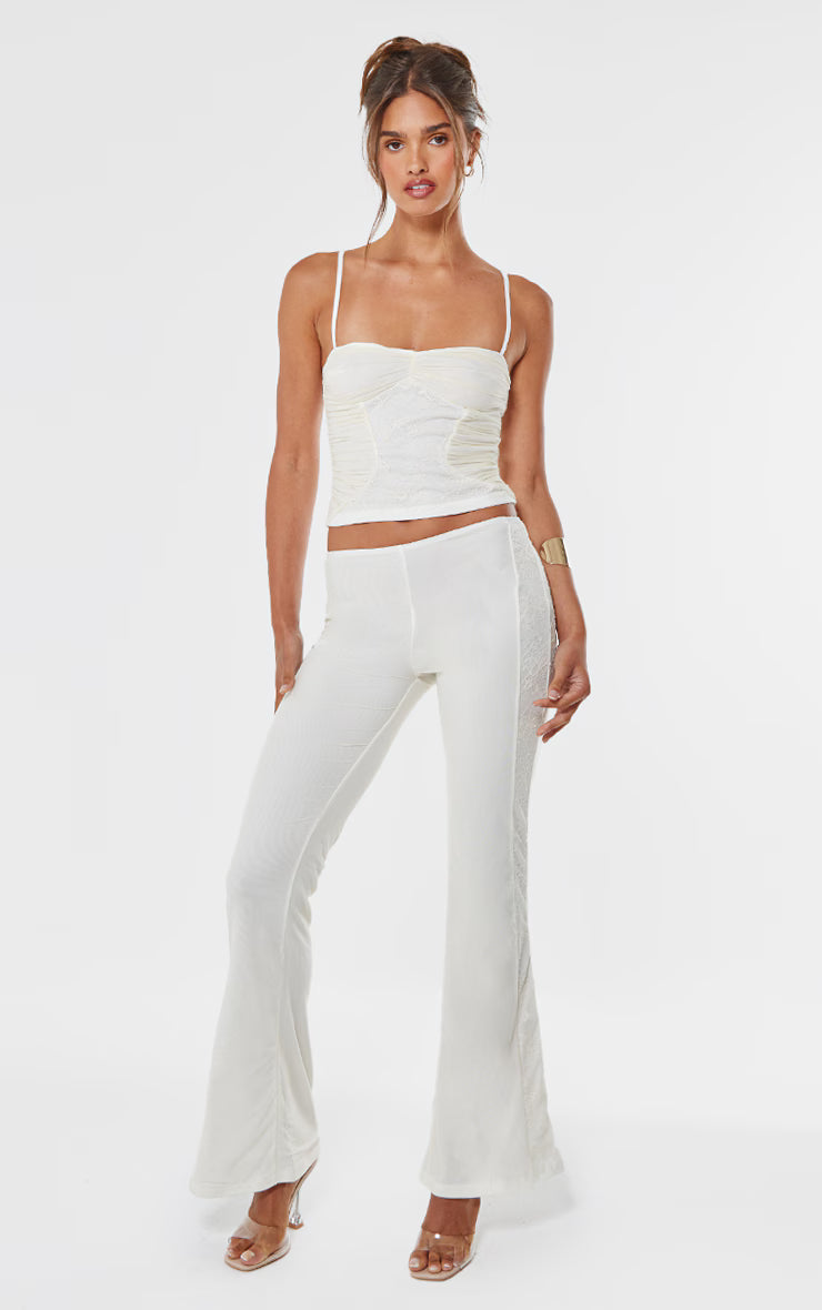 Cream Lace Mesh Panel Straight Leg Pants