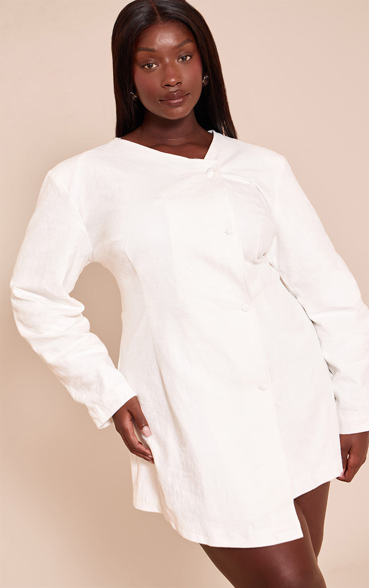 Plus White Premium Linen Cinched Waist Cocoon Sleeve Mini Dress
