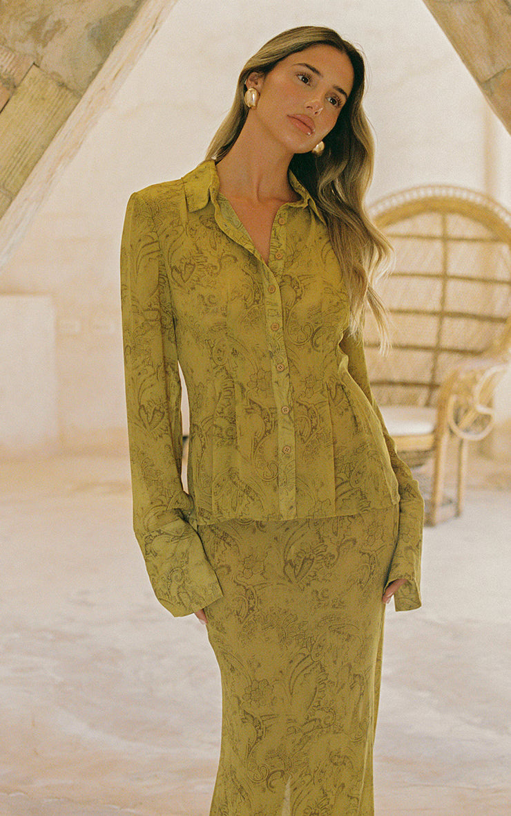 Chartreuse Abstract Print Chiffon Fishtail Maxi Skirt