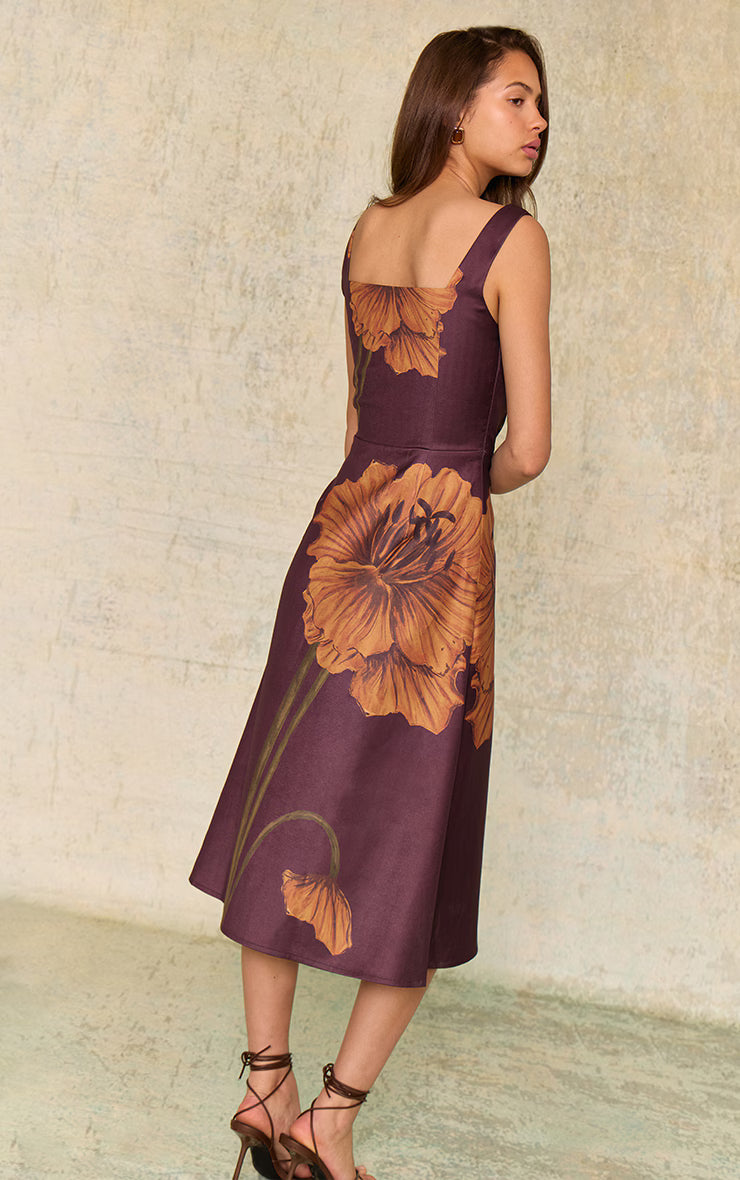 Dark Chocolate Floral Printed Square Neck Midaxi Dress
