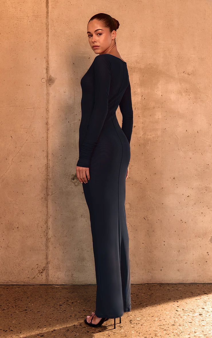 PLT Label Navy Double Layer Mesh Ruched Sleeve Detail Maxi Dress