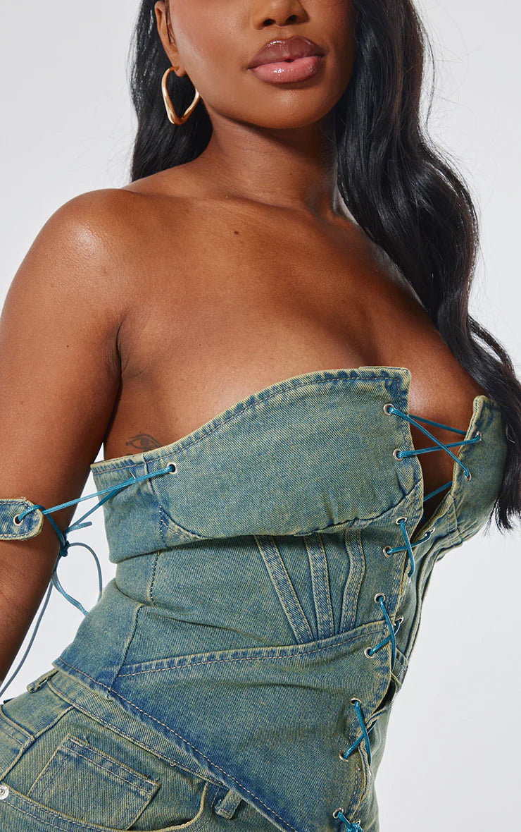 Shape Vintage Wash Denim Lace Up Front Corset