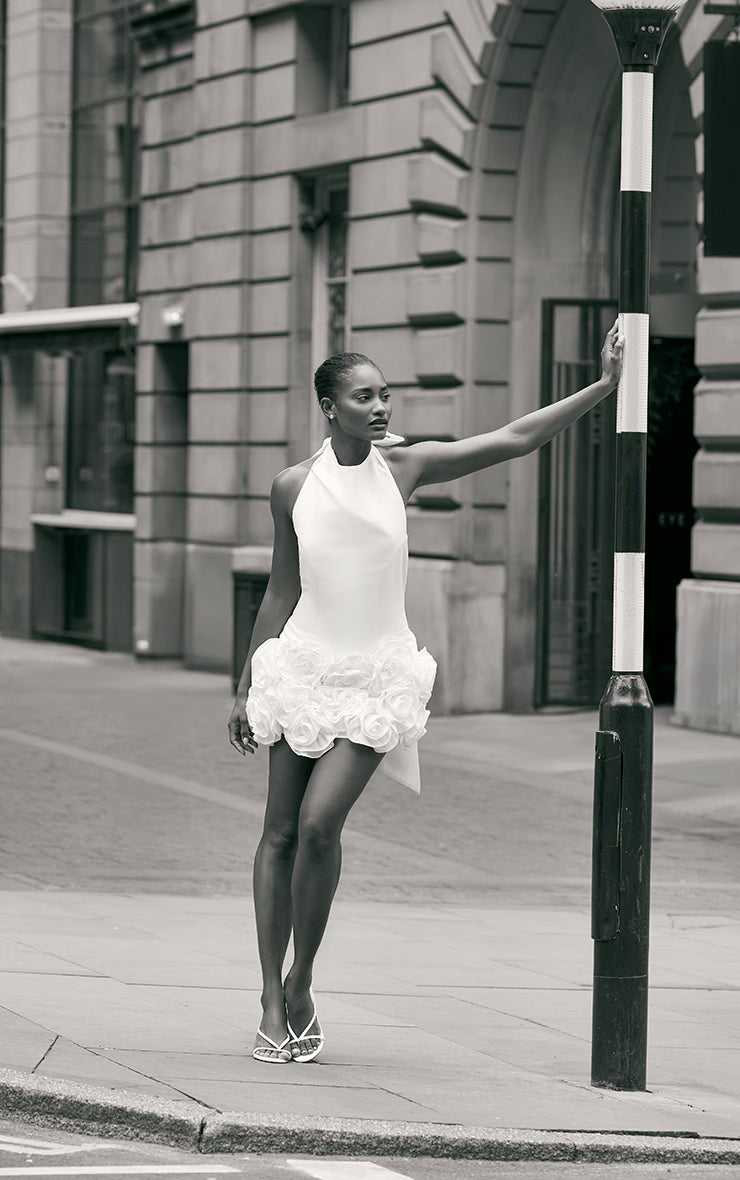 Premium White Woven Floral Ruffle Detail High Neck Cowl Bodycon Dress