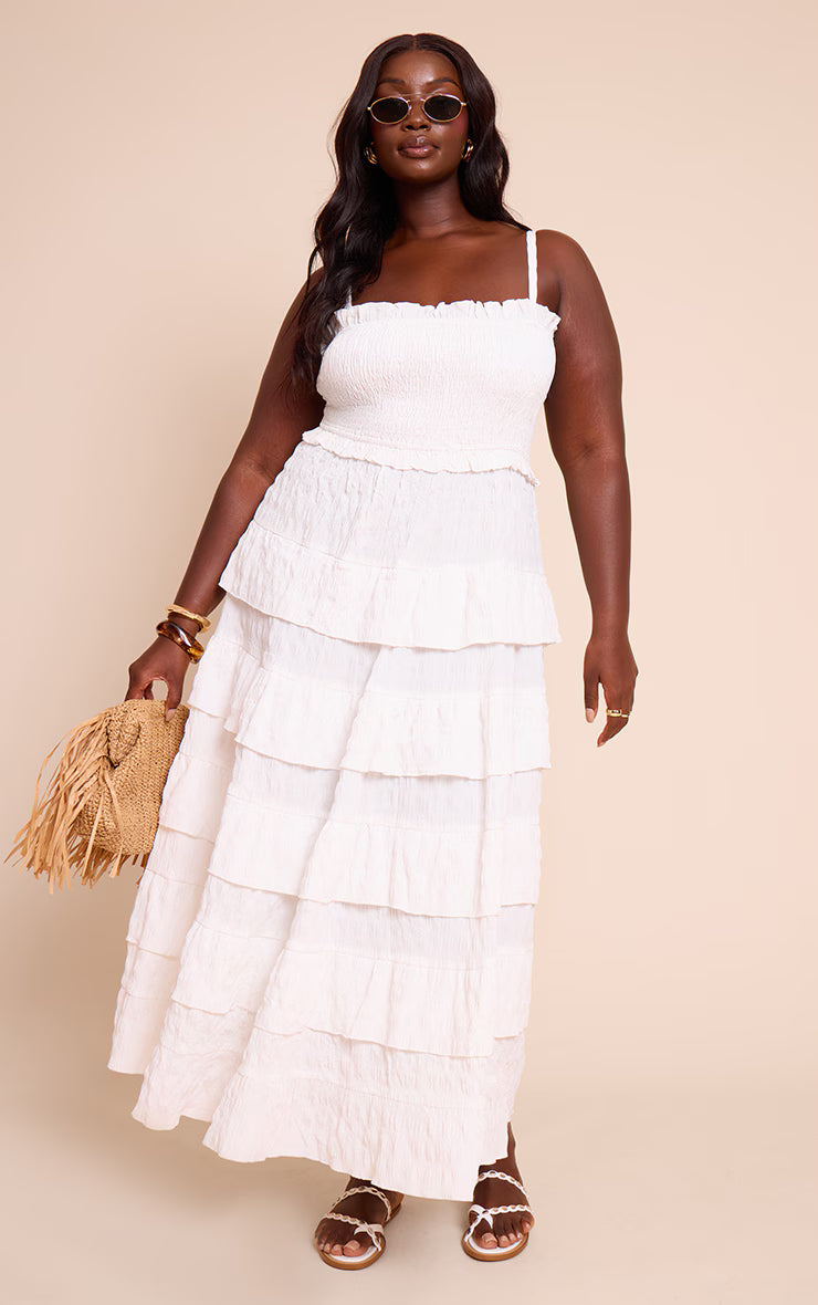 Plus White Textured Shirred Tiered Maxi Dress