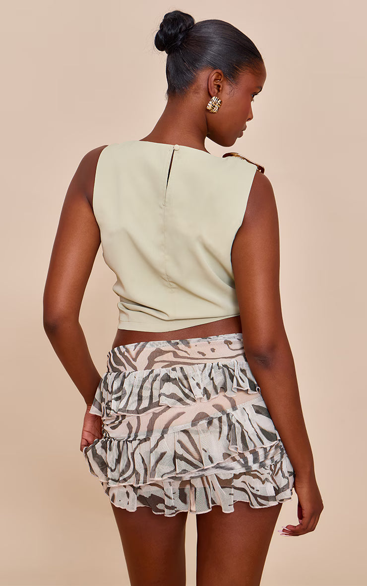 Sage Green Abstract Trim Detail Sleeveless Top