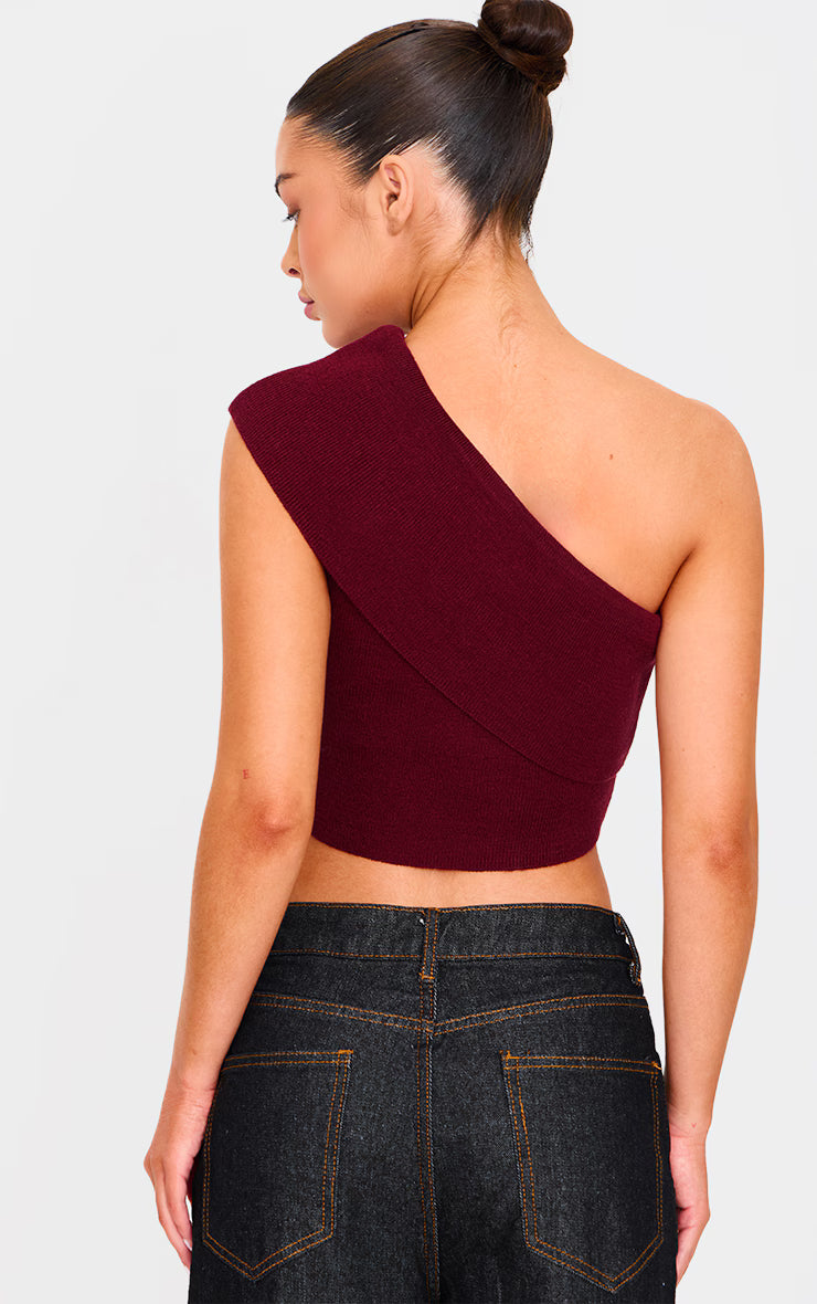 Burgundy Soft Rib Knit One Shoulder Fold Over Crop Top