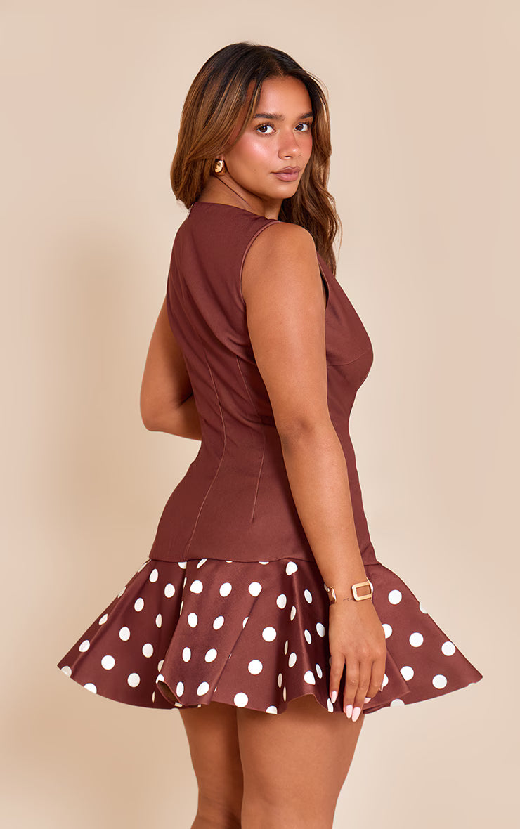 Shape Chocolate Polka Dot Boat Neck Wave Hem Mini Dress