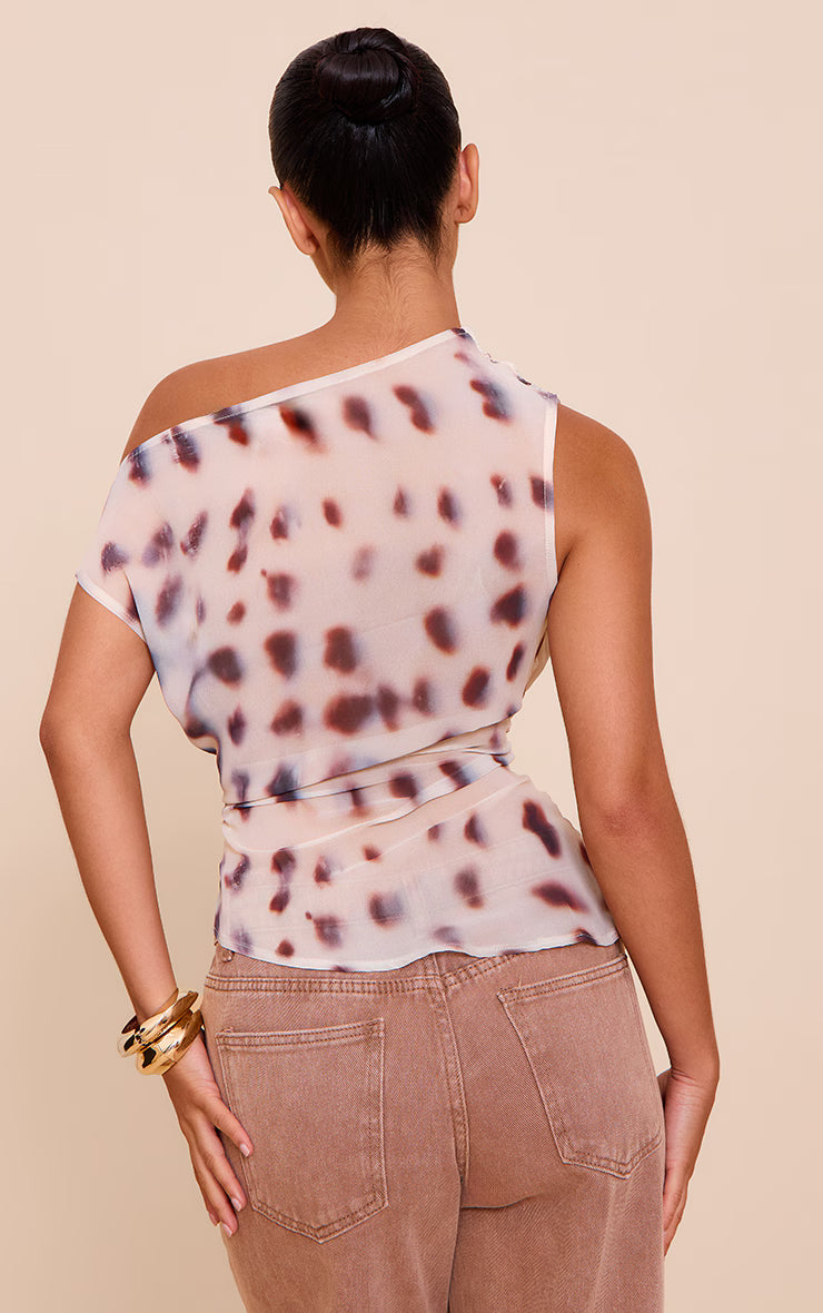 Cream Shell Printed Chiffon Asymmetric Hem Long Top