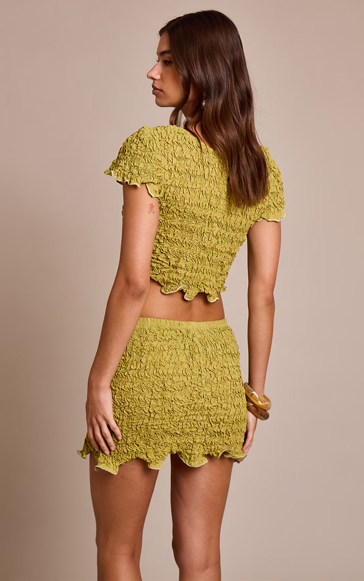 Olive Crinkle Textured Jersey Crew Neck Top