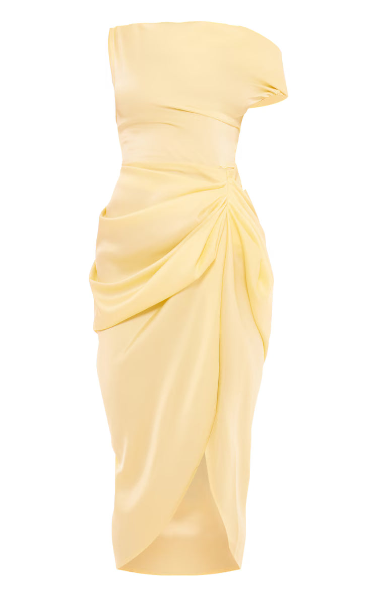 Lemon Satin Off The Shoulder Draped Skirt Midi Dress
