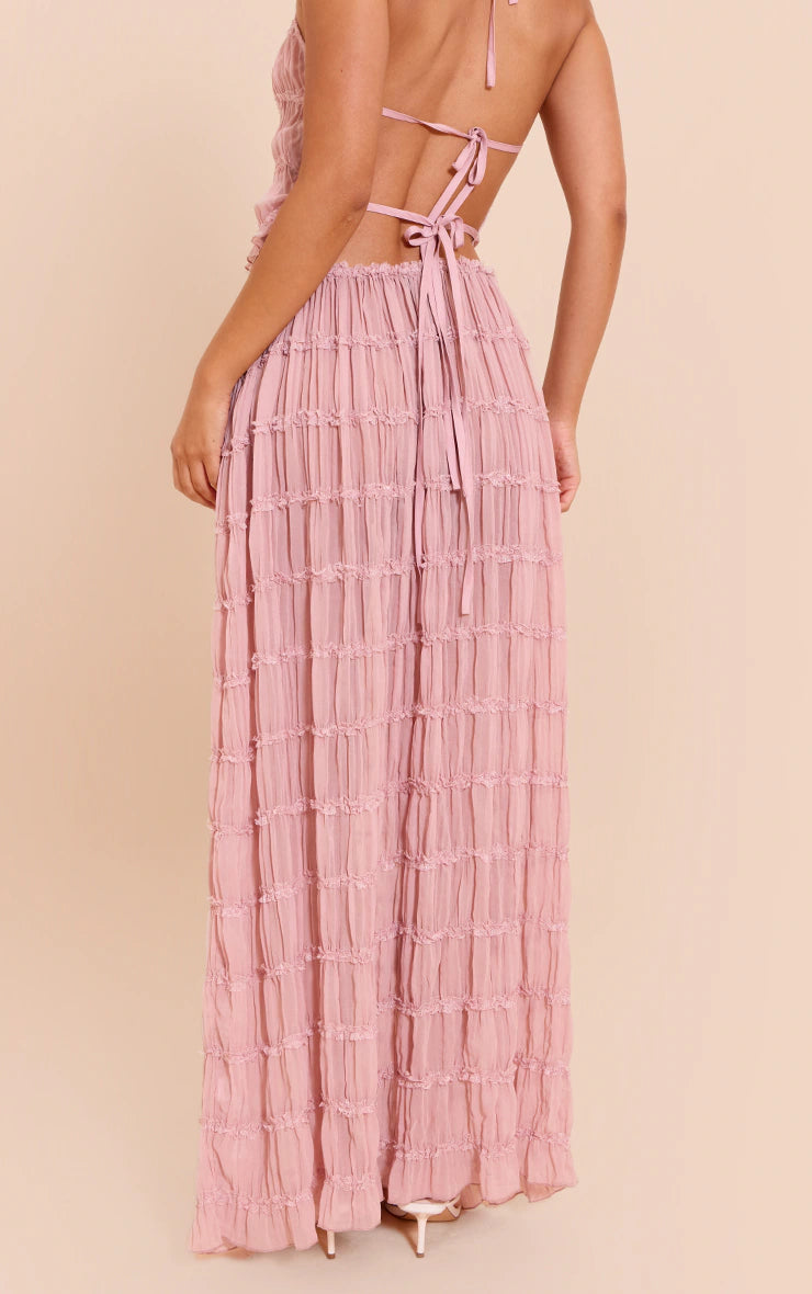 Mauve Chiffon Ruched Frill Detail Tiered Maxi Skirt