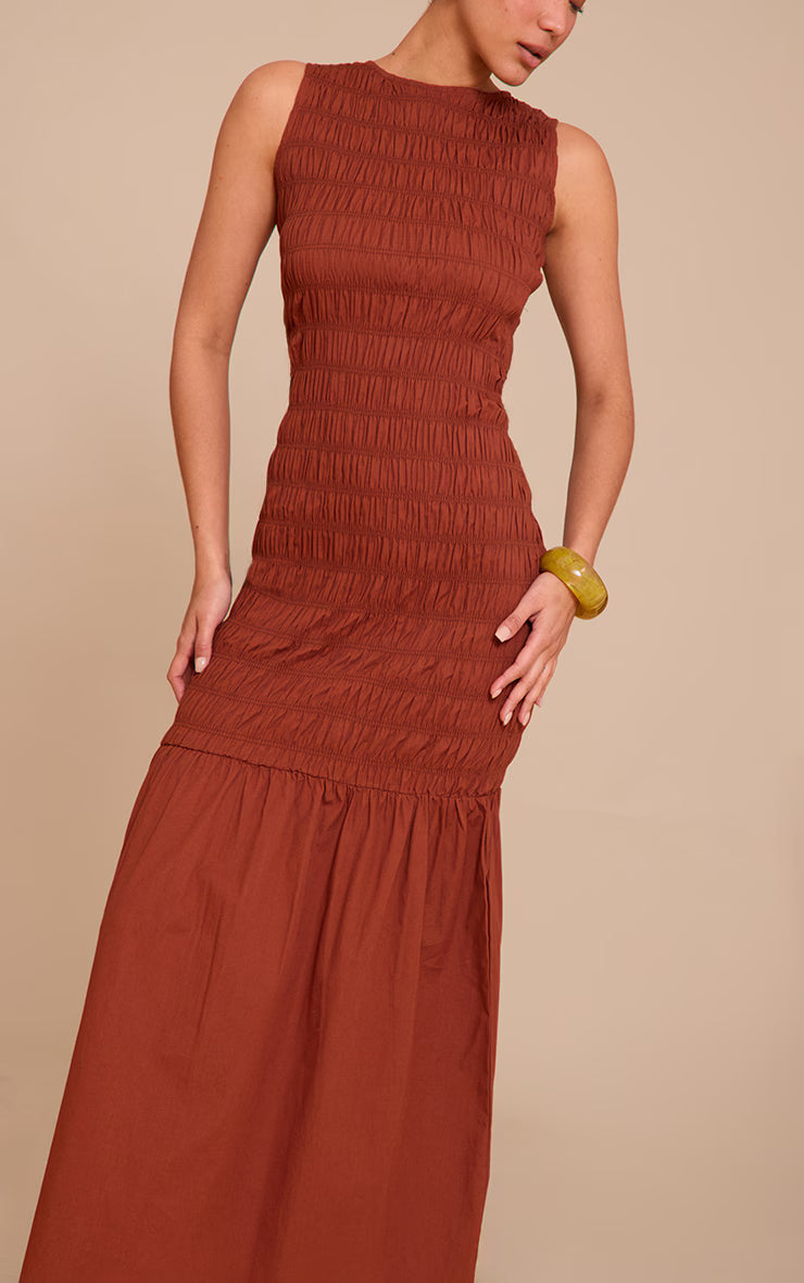 Chestnut Shirred Detail Drop Waist Maxi Dress