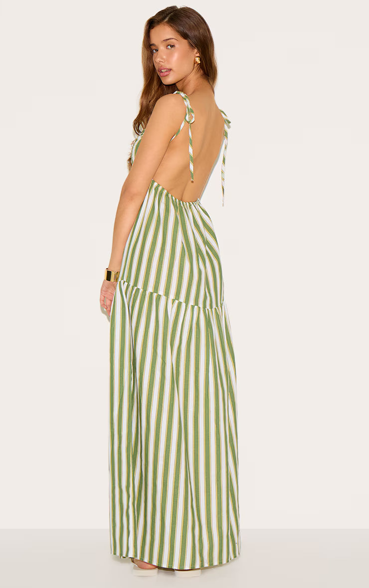 Green Striped Strappy Low Back Maxi Dress